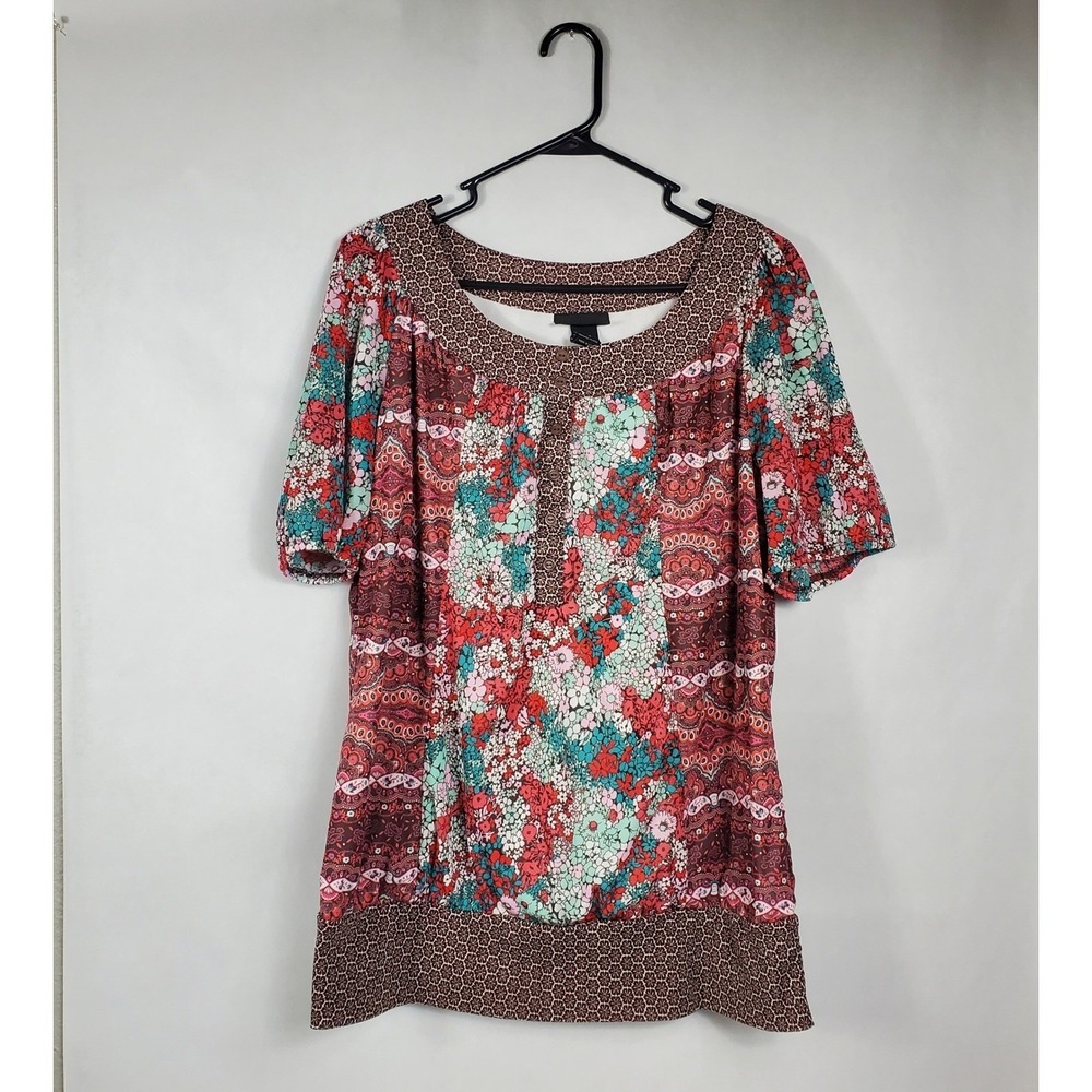 Lane Bryant Womens Floral Paisley Mixed Print Blouse Brown Red Teal Size 14/16
